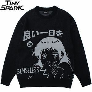 Herrtröjor hiphop streetwear stickad japansk kanji anime tryck pullover män hösten harajuku bomull casual svart 220930