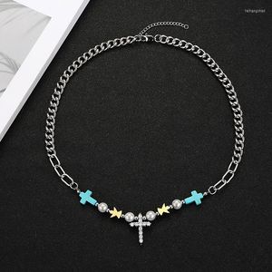 Pendant Necklaces Vintage Turquoise Beads Cross Necklace For Men Women Hip-hop Titanium Steel Lover Sweater Chains Tide Charm Jewelry