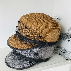 Berets naturalny słomkowy kapelusz słoneczny dla kobiet czapki wojskowe czarne kropki letnia plaża sboy czapka na zewnątrz maski na zewnątrz wiadra zwyczaj