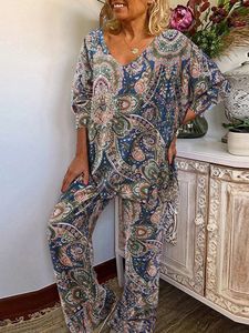 TRABALHOS Femininos 2pcs primavera bohemian v pesco￧o de manga longa Suits de cal￧a conjuntos de cal￧a zanzea women women vintage Floral Impresso Combating Conjuntos Urban Tracksuit 220929