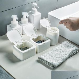 Organizzazione per riporre il bagno Scatola antipolvere Desktop Tampone di cotone Finitura Der Debris Contenitori rotondi in plastica Organizzatore per trucco con goccia Dhokz