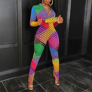 Damen Jumpsuits Strampler Corful Print Slim für Reißverschluss Playsuit Mode Langarmhose Sexy Sport Fitness Romer Outfit 220929