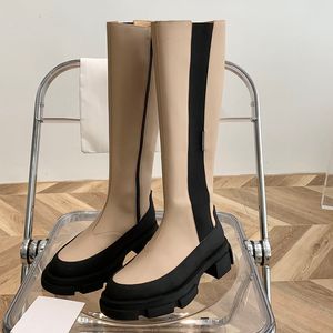 Cowhide leather knee-high boots side zip shoes Round toes chunky heel tall boot fashion elastic booties luxury designers shoe for women factory footwear