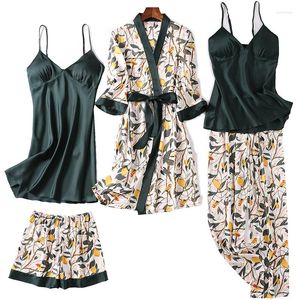 Home Clothing Women Satin Silky Pajamas Robe Sets Print Kimono Bathrobe Gown Sleepwear Spring Autumn Lingerie Sexy Pjs Lounge Wear