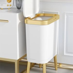 Atık kutuları 15l lüks altın çöp kutusu mutfak için banyo yaratıcı dörtlü dörtlü itme tipi plastik dar çöp kutusu kapalı 220930