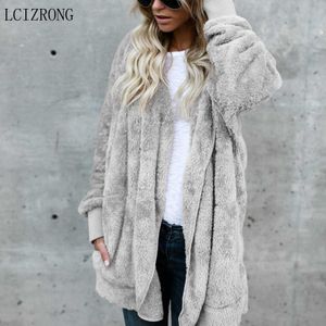 Faux Fur Fur Autumn Hooded Aberto Casaco Mulheres sólidas Plus Tamanho Teddy Winter Manga longa Moda de moda rosa feminina Y2209