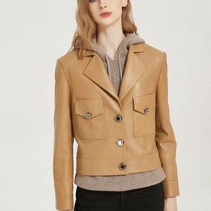 女性の革の品質トップ女性シープスキン本物のジャケットレディーススリムフィットシングル胸部ショートコートポケットモーターサイクルバイカージャケット