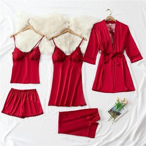 Home Clothing Satin 5PCS Sleepwear Women Pajamas Set Kimono Gown Silky Bathrobe Lace Pijamas Sexy Robe Suit Bride Bridesmaid Wedding Gift