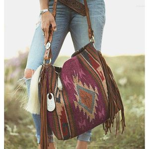 Evening Bags Retro Canvas Shoulder With Tassel Fashion Geometry Pattern Handbag National Fringed Bohemia Large Hobo Tote