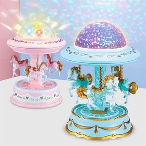Decorative Objects Figurines Bevigac Cute Rotating Horse Carousel Style Lights Shine Music Box Projector for Home Valentine Day Birthday Year Child Gifts 220930