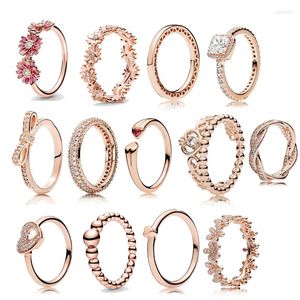 Cluster Rings Daisy Flower PAN Rose Gold Heart Ring For Women Girl Bow Tie Crown Finger Jewelry Wedding Valentine's Day Gfit