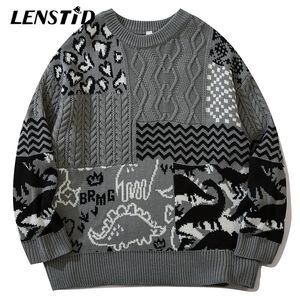 Herrtröjor Lenstid män hiphop stickad jumper dinosaurie färgblock streetwear harajuku höst mode casual lös tröjor 220930