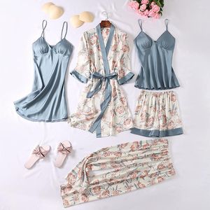 Home Clothing Print Flower Women 5PCS Pajamas Set Sleepwear Silky Satin Nightgown Kimono Gown Casual Pyjamas Clothes Soft Bathrobe