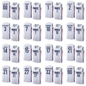 Баскетбольные майки EuroBasket с принтом на заказ 2022 Navy Home White Away 0 Elie Okobo 1 Frank Ntilikina 2 Amath M'Baye 3 Timothe Luwawu-Cabarrot 10 Evan Fournier Jersey