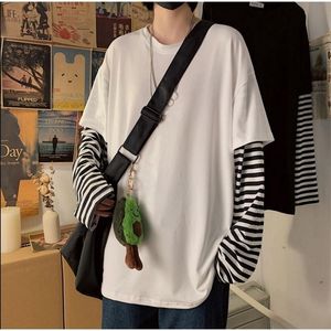 Suéteres masculinos manga longa falso de duas peças camiseta listrado grandes camisas roupas moda oversized tees roupas tshirt 220930