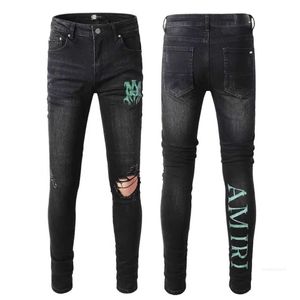 Джинсовые джинсы Amirs, дизайнерские брюки, мужские осенние модные брендовые мужские черные эластичные тонкие леггинсы с перфорированной вышивкой, 6WNY