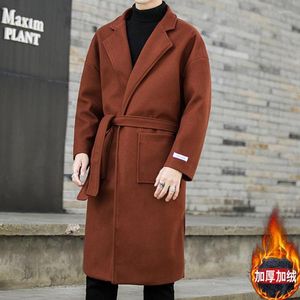 Herengeuljagen elegante overjassen met riem 2022 verdikte medium lang wollen voor mannen Koreaanse mode windjager losbruin bruin