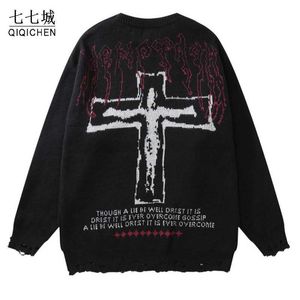 Мужские свитера хип -хоп вязаные свитера мужчины женщины Иисус Крест Свободный Джамперс Уличная одежда. Случайный колледж Круженец Весенний осень T220928