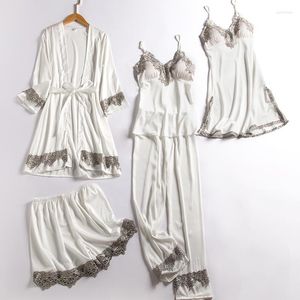 Home Clothing 5PCS Pajamas Suit Satin Women Sleepwear Nightwear Kimono Bathrobe Gown Casual Nightgown Lounge Wear Sexy Lingerie With Lace