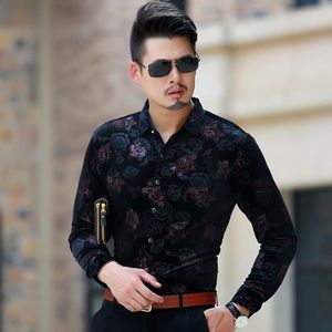 Männer Casual Hemden Floral Velour Hemd Männer 2022 Herbst Slim Fit Langarm Kleid Herren Party Club Samt Für