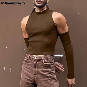 Męskie swetry Inderun Men T Shirt Solid Color Turtleeck długi rękaw Off Rame Casual Camisetas Hollow Out Streetwear Sexy Crop Tops 220930