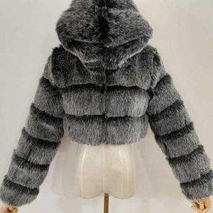 Faux Fur 828sale Kobiety moda zimowa przycięta płaszcz puszysty zamek z kapturem ciepła krótka kurtka 2020 top norki Y2209