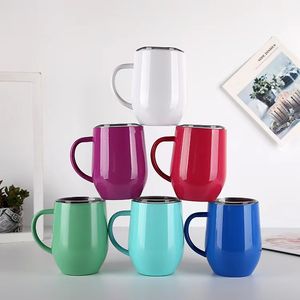 12oz Coffee Mug Egg Tumblers Stianless Steel Wine Tumbler Double Wall Vacuum Insulated Travel Water Cups with handle and lid Wholesale