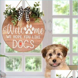 Party Decoration Welcome Sign Wreath Front Door Hanger With Bow 16 Inch Round Outdoor Hanging Vertical Home Pendant Drop Delivery 202 Dhkg8