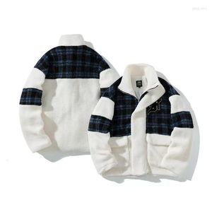 Giacche da uomo Tide Brand Agnello in pile Cuciture Plaid Stampa Cappotto Uomo e donna Sciolto Neutro Vento Tirare Giacca in cotone