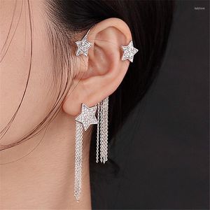 Hoop Earrings Silver Color Pentagram Tassel Chain Ear Cuff For Women Girls Star No Piercing Clip On Cartilage Punk Cool Jewelry