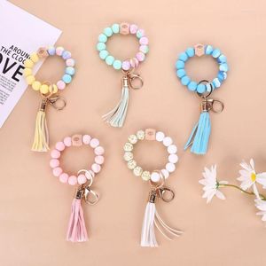 Keychains Silicone Armband Keychain för kvinnor Användbar anti-L-Lost Pärlad grossist Fashion Car Keys Keyring With Tassel