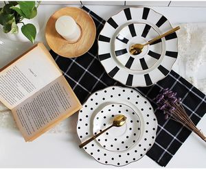 Plates Nordic Black-and-white Hepburn Vintage Breakfast Ceramic Plate Striped Wave Dot Tableware Dinner Dish