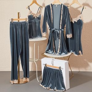 Hemkläder velor nattkläder kvinnor pyjamas set 5 stycken mantel kostym spets sömnkläder intim underkläder mjuk pyjamas casual hemkläder nattklänning