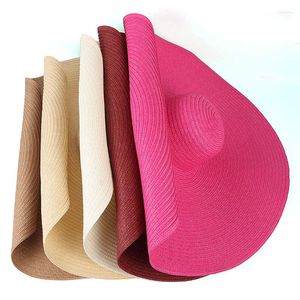Chapéus largos de borda 25 cm de cor sólida colapsível feminino chapéu de palha de palha Sun Protection Big Summer Dome Beach Visor Cap