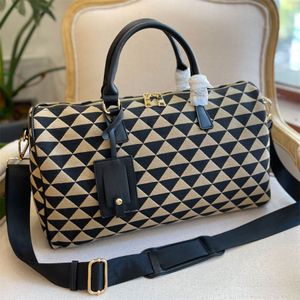 Luxury Symbole Embroidered Jacquard Fabric Travel Bags Designer Enameled Metal Triangle Logo Tote Luggage Pouch Women Men Shoulder Bag