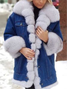 Faux Fur Warm Thick Denim Jacket Women 2022 Autumn Winter Full Sleeve Parka Neckline Button Pocket Coats Casacos De Inverno Feminino Y2209
