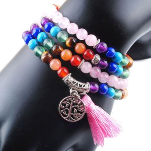 Fili di perline 108 Meditazione Mti-Strato Braccialetti lunghi fili 7 Chakra Yoga Rotondo naturale Quarzo rosa Mala Perline Nappa J Mjfashion Dhcdf