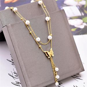 Pendant Necklaces 316L Stainless Steel Fashion Fine Jewelry 2 Layer Beaded Butterfly Pearl Charm Chain Choker Pendants For Women