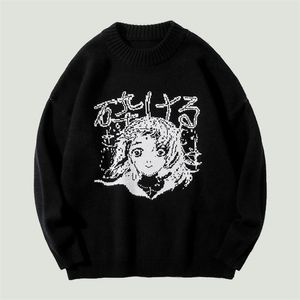 Männer Pullover High Street Cartoon Anime Mädchen Gedruckt Gestrickte Herren Harajuku Übergroße Lose Beiläufige Baumwolle Pullover Unisex Herbst Schwarz 220930