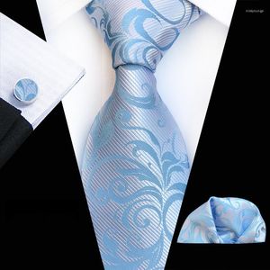 Bow Ties Mens ljusbl￥ Paisley Tie Pocket Square Manschettk￤nkar Set Noties Three-Piece Suit Fashion Men's Jacquard Silk Slips