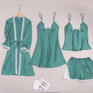 Home Clothing Satin Kimono Gown Women Pajamas Set Lounge Wear 4PCS Robe Sexy Suit Lingerie Summer Nightwear Clothes