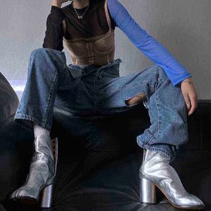 ブランドデザインタビブーツスプリットトゥーチャンキーハイヒール女性レザーファッション秋の靴ボタ220815