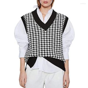 Women's Vests Women's Houndstooth Knitted Vest Fashion Women Loose Sleeveless Sweater V Neck Female Pullover Waistcoat Chic Tops