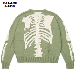 Men Oversized Green Loose Skeleton Bone Printing Woman Quality High Street Damage Hole Vintage Knitted Sweater 220811