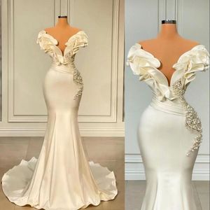 2022 Elegant Vintage Satin Mermaid Wedding Dresses Gowns Off Shoulder Ruffles Floor Length Flowers Beaded Pearls Long Bridal Occasion Formal Wears