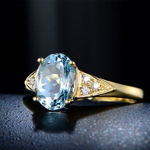 European and American style women sky sea blue zircon diamond gold plated ring girlfriend birthday lady wedding party jewelry