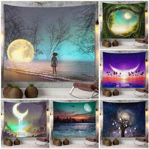Home Dekoration Sternenhimmel Himmel kreative Nachtansicht Mond Planet Wandteppich Schlafzimmer Wohnzimmer Hintergrund Stoff Tapiz J220804