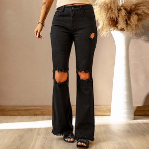 Kvinnors svarta jeans kvinnliga amazon trasiga h￥l n￥got la byxor tunna jeans