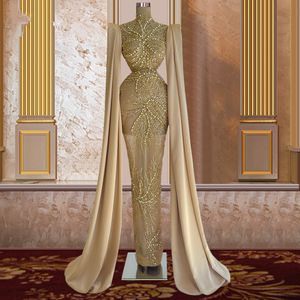 Champagne Glitter Mermaid Prom Dresses Illusion Long Sleeves Beaded Evening Dress Custom Made High Neck Women Formal Celebrity Party Gown