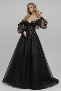 2022 Czarne gotyckie suknie ślubne Suknie z ramion długie rękawy cekiny Tiulowy blask goty